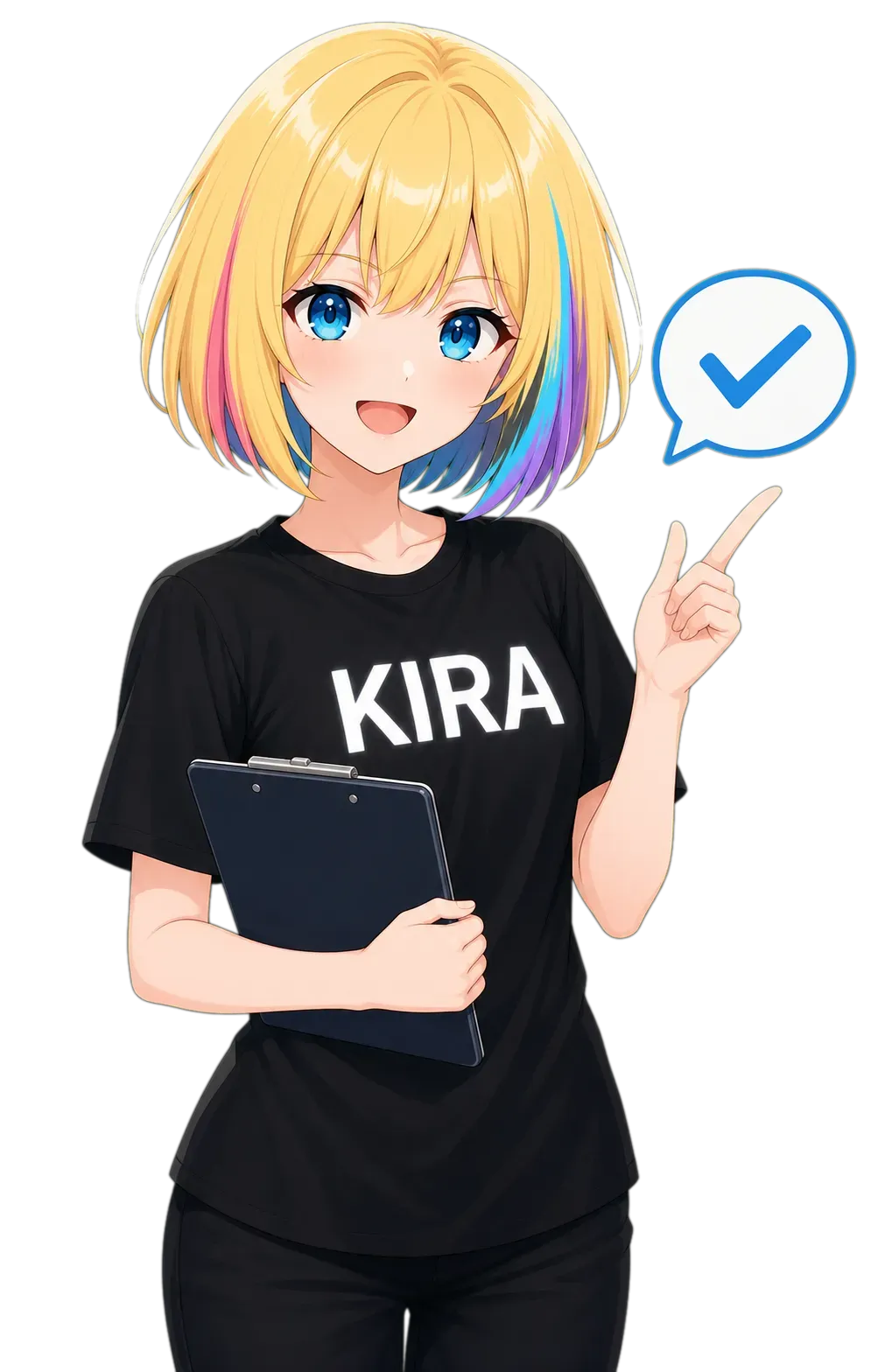 Kira holding a clipboard with a completed checkmark.