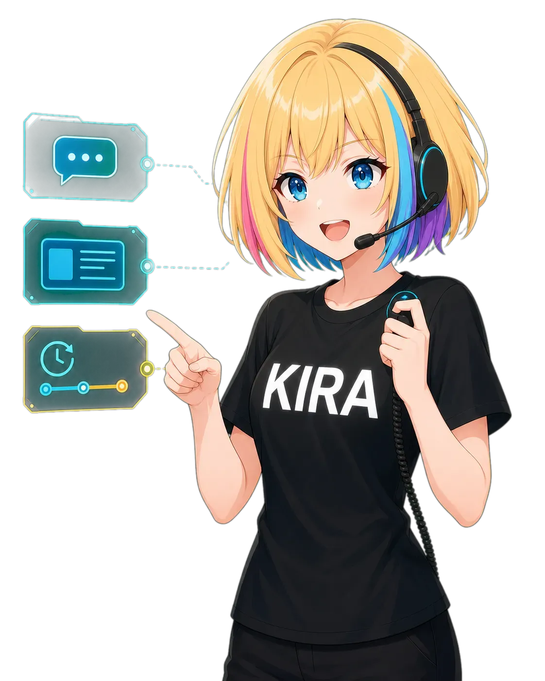 Kira wearing a headset with push-to-talk, Direct chat, Cards and agenda cues.
