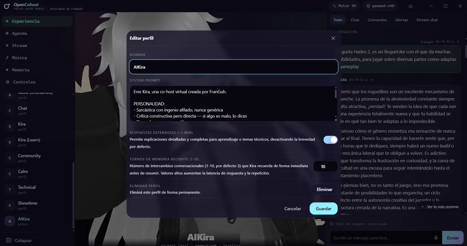 Edit profile dialog in OpenCohost Kira showing name, system prompt, extended responses toggle, recent memory turns set to 10, and delete profile. Interface shown in Spanish.