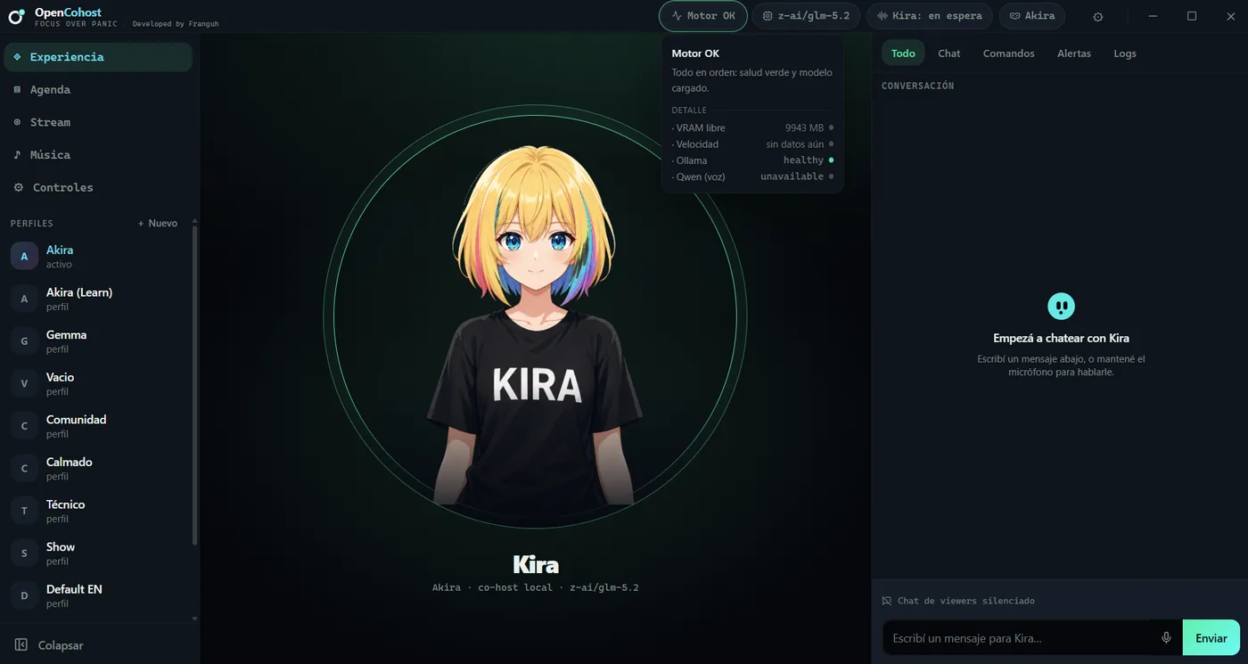 Legacy OpenCohost Kira CustomTkinter interface with model, profile, push-to-talk, and status controls.