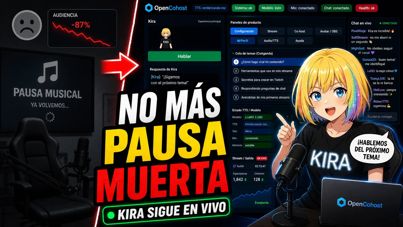 OpenCohost Kira thumbnail showing Kira preventing a dead pause during a stream.